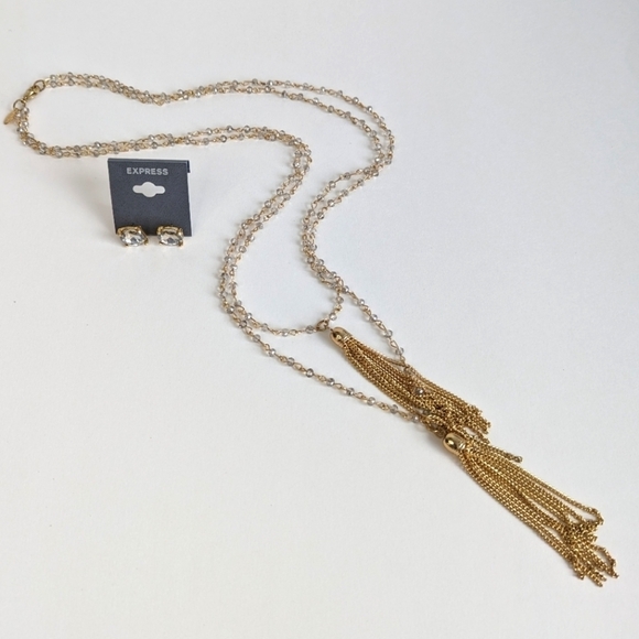 Express Earring Studs Double Length Chain, Clear Bead Necklace Chain Link Fringe - Picture 1 of 14